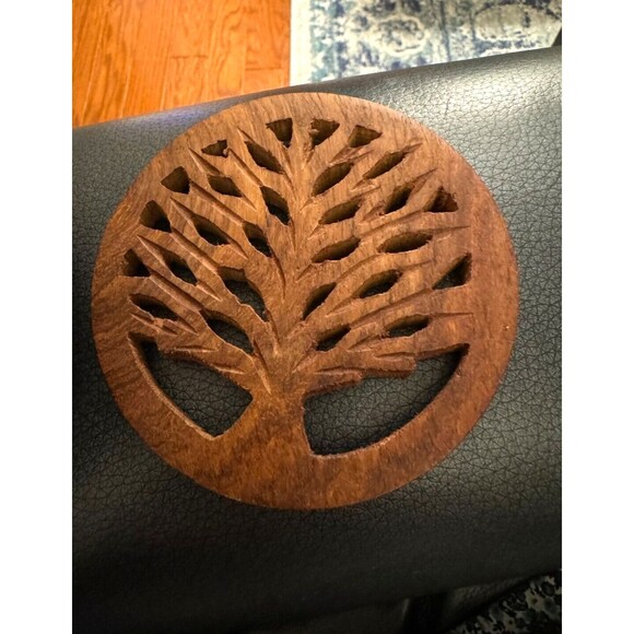 Hand-Carved Coasters Shesham Wood Tree of Life Set of 4 Natural Earth Tones - Picture 3 of 5